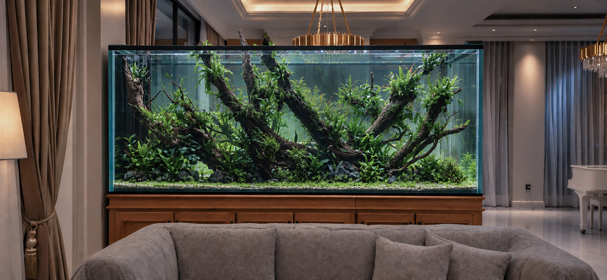 Mega tank aquascape forest berukuran 300cm pada ruang interior